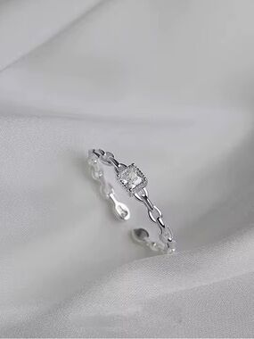 Sterling Silver Chain Ring with Square CZ Accent Minimalist